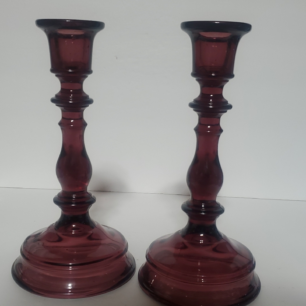 Amethyst Glass Candlestick Holders
